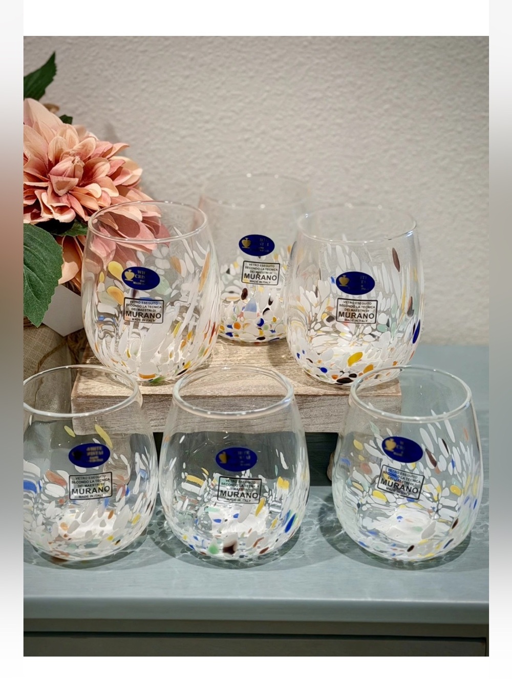 6 White Cristal Murano White Confetti Stemless Wine Glasses. Made in Italy